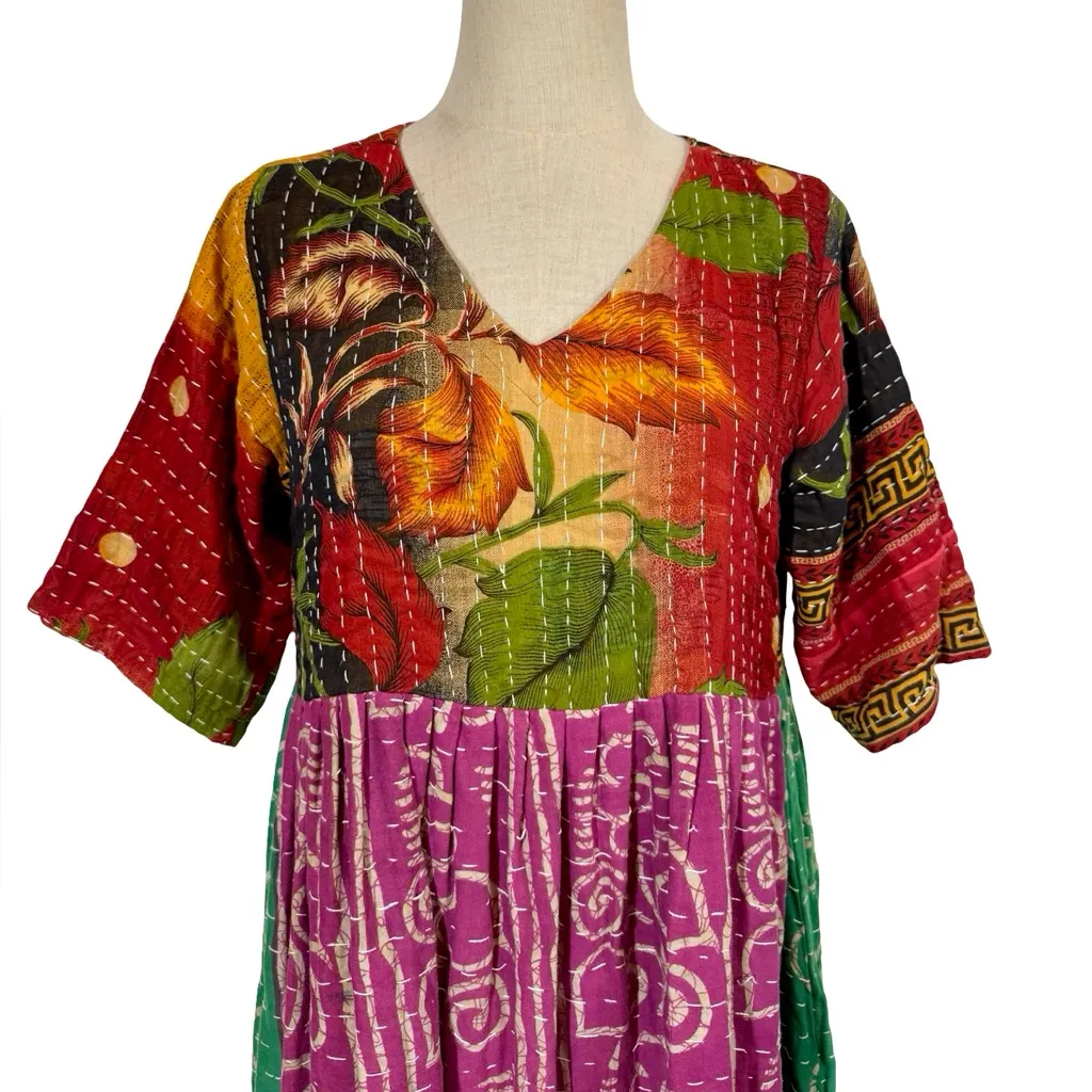 Kantha Floral Patchwork Babydoll Midi Dress by Nania Handmade Boho Red Size undefined - Image 2