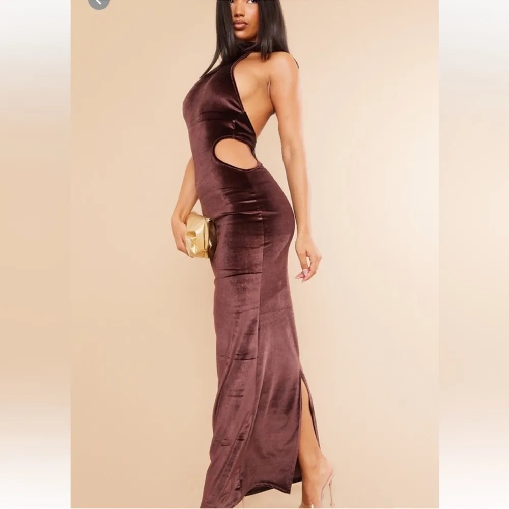 PrettyLittleThing • Halter Maxi Dress • Brown • Velvet • Open Back • 12 - Image 3