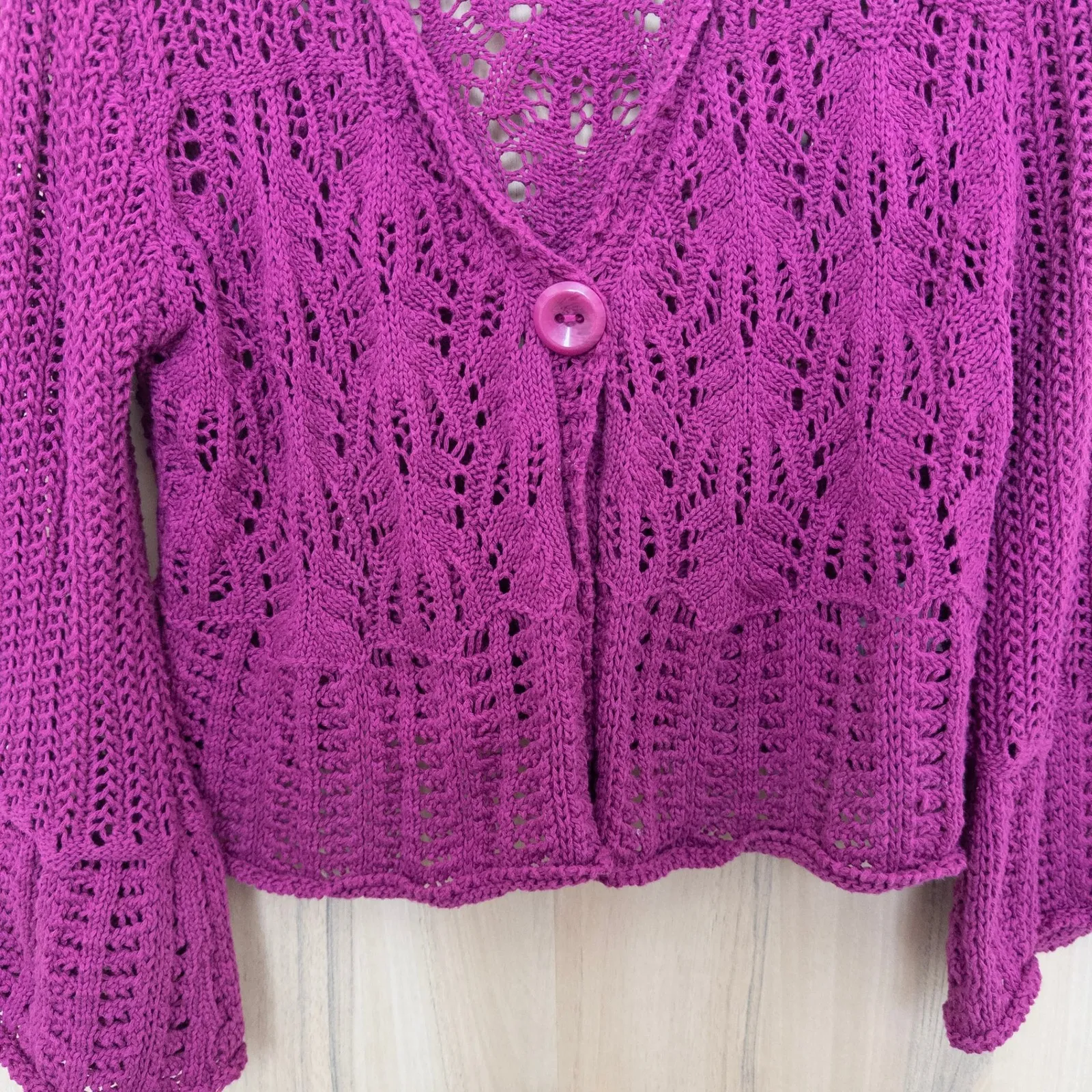 Y2K Womens Crochet Cardigan Size L Pink Boho Open Knit Retro Layering Cottage Size L - Image 3