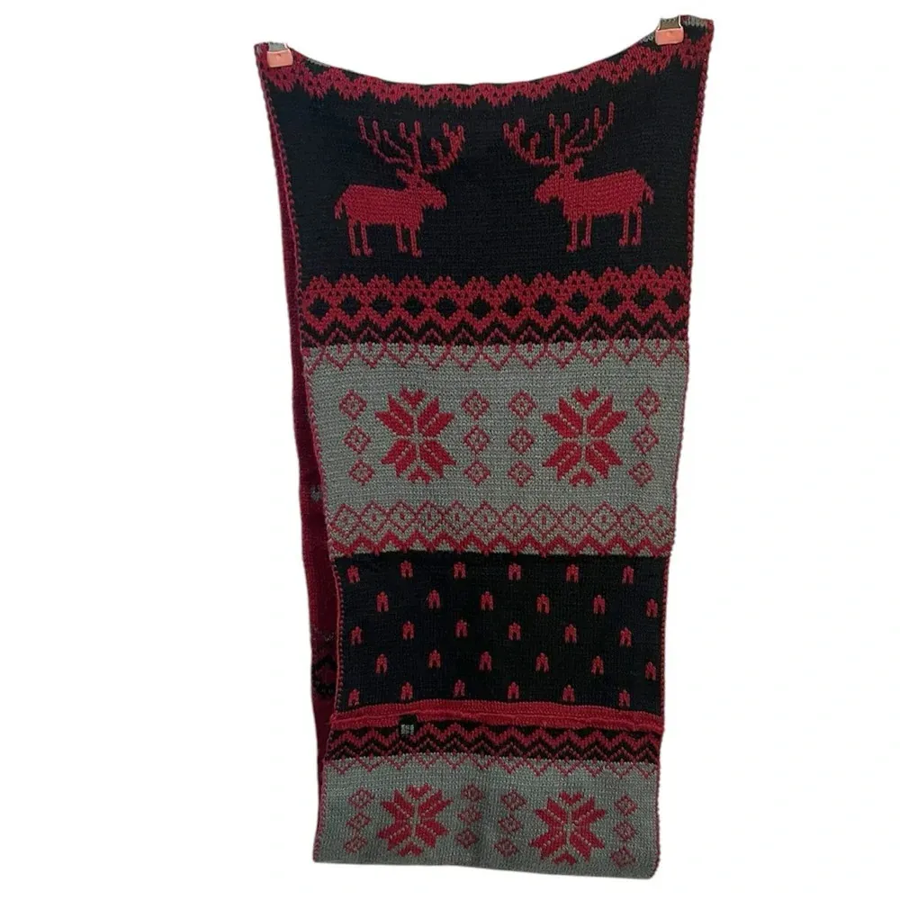Reversible Infinity Scarf Reindeer Argyle Fair Isle Woven Knit Soft Warm Black - Image 4