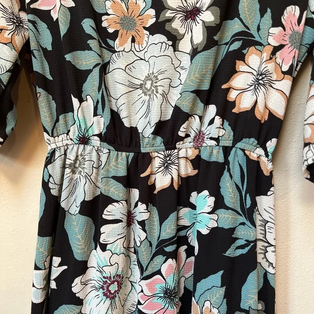 Floral Maxi Dress Boho Stretch Waist Flutter Sleeve Flamingo Urban Black - Image 5