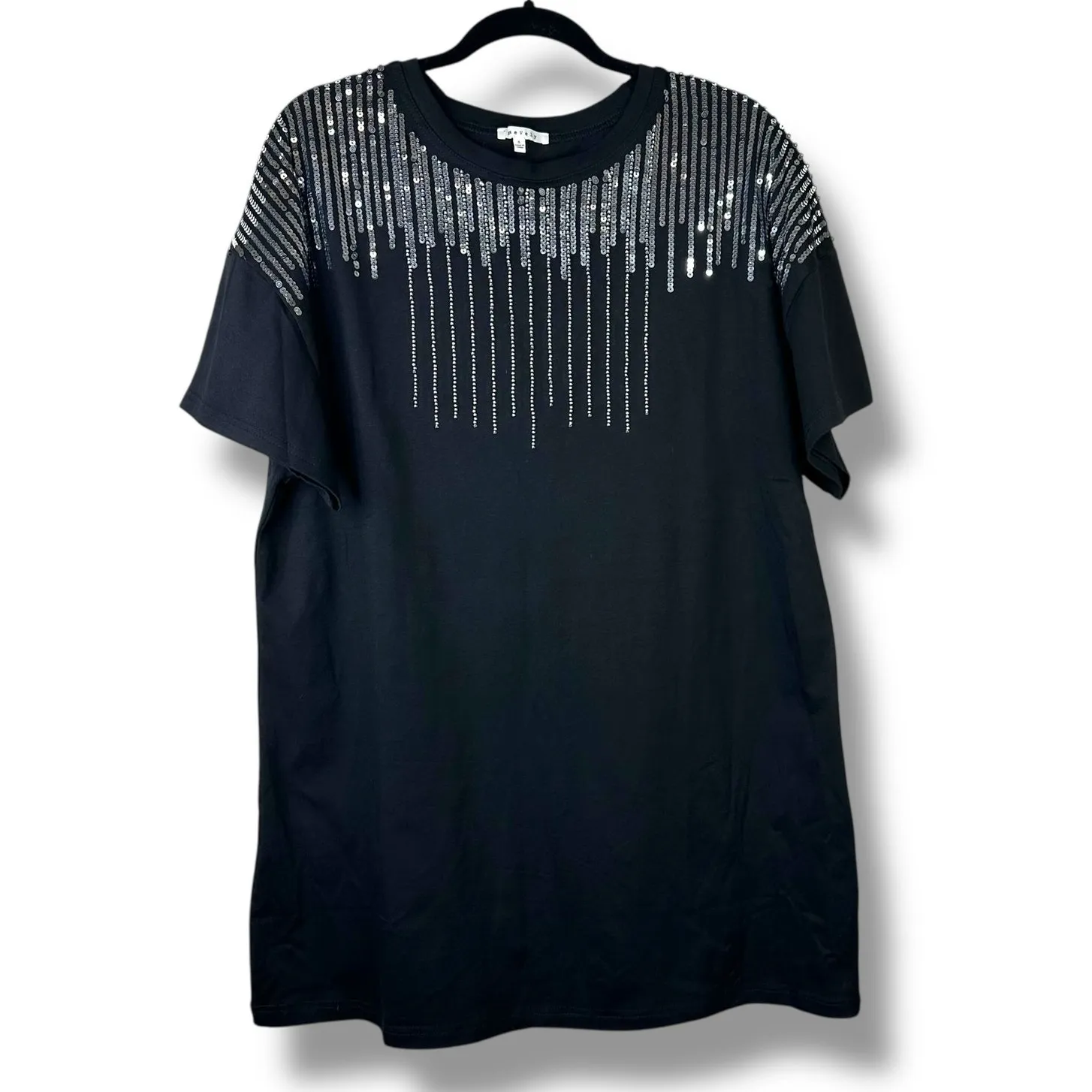 BaeVely NWOT Boutique Silver Sequin Embellished Black T - Image 3
