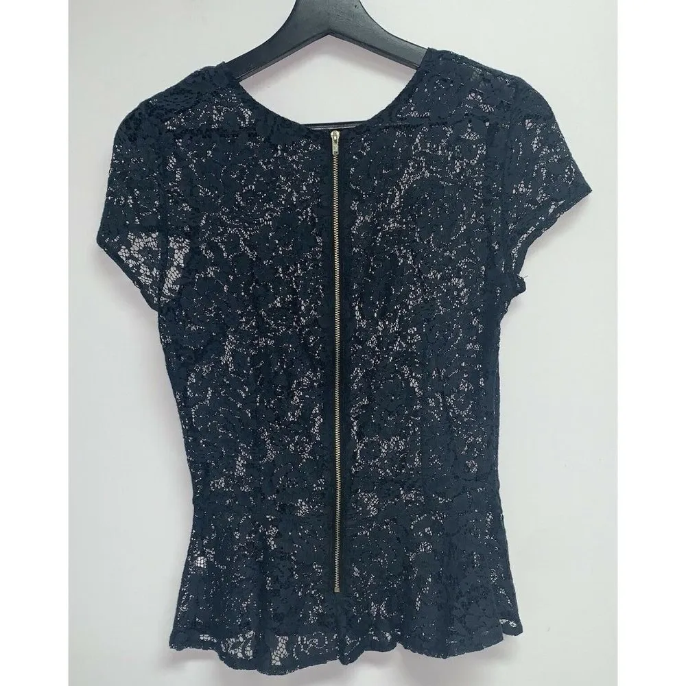 Topshop Womens Floral Rose Lace Peplum Top SZ 6 Black Zipper Short Sleeve Shirt - Image 4