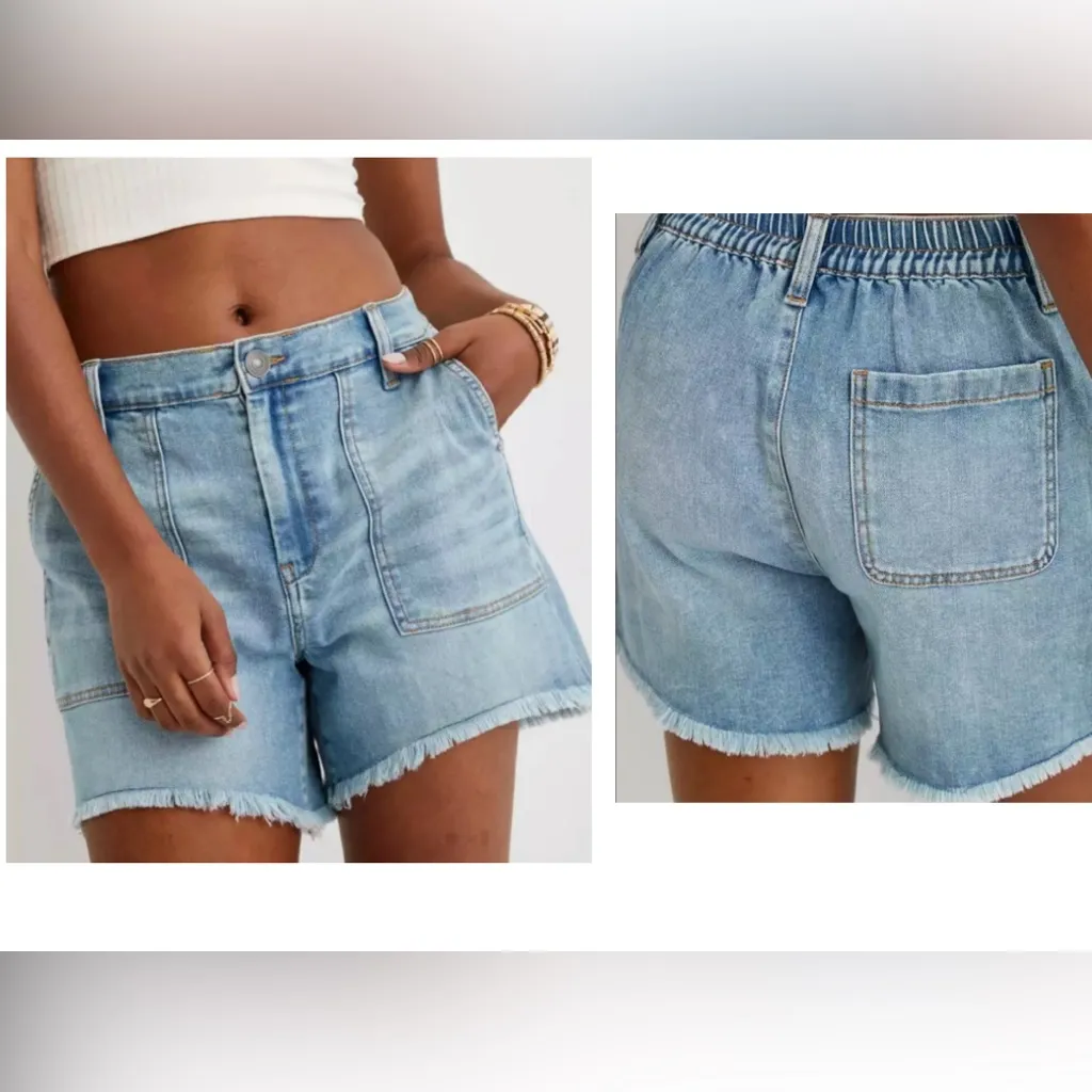Aerie Adventure Denim Raw Hem Jean Shorts Womens Size Small Blue Elastic Band - Image 2