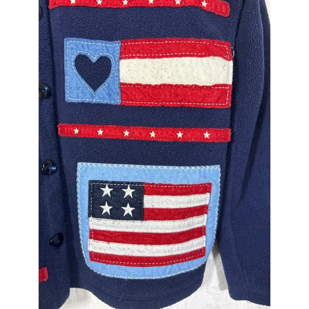 Vintage Fashion Bug Fleece Cardigan XL Navy Blue Patchwork Hearts Stars Flags - Image 7