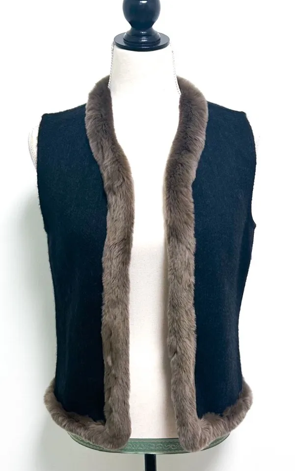 J McLaughlin Cashmere Rabbit Fur Trim Black Brown Grey Open Front Vest Small - Image 1