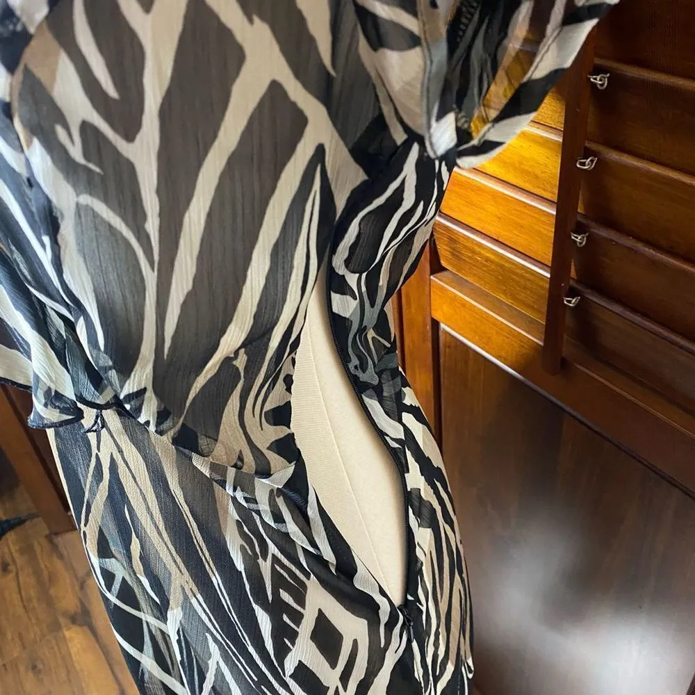 Dress Barn Zebra Animal Print Sheer Ruffle V Neck Midi Dress - Image 7