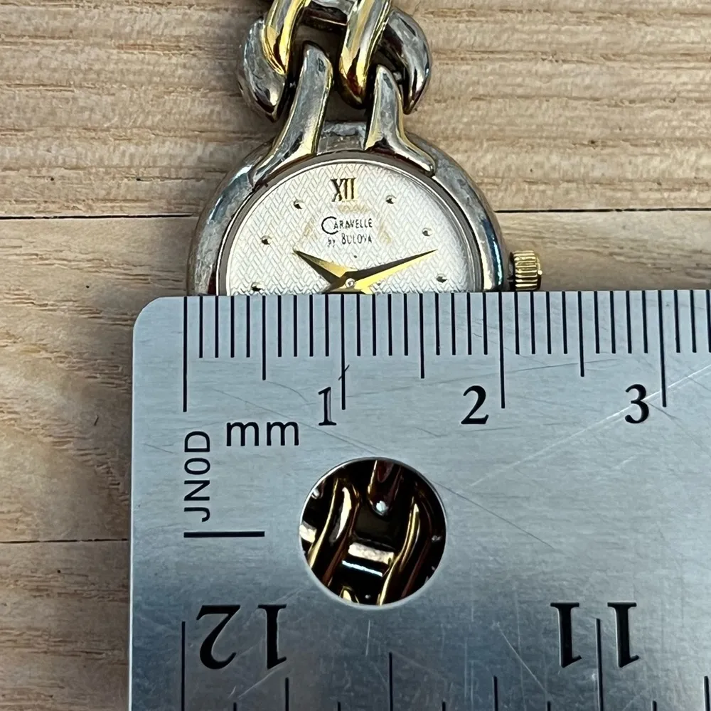 Caravelle by Bulova Ladies Watch Two Tone Weave Bracelet Silvery Dial Gold hands - Image 8