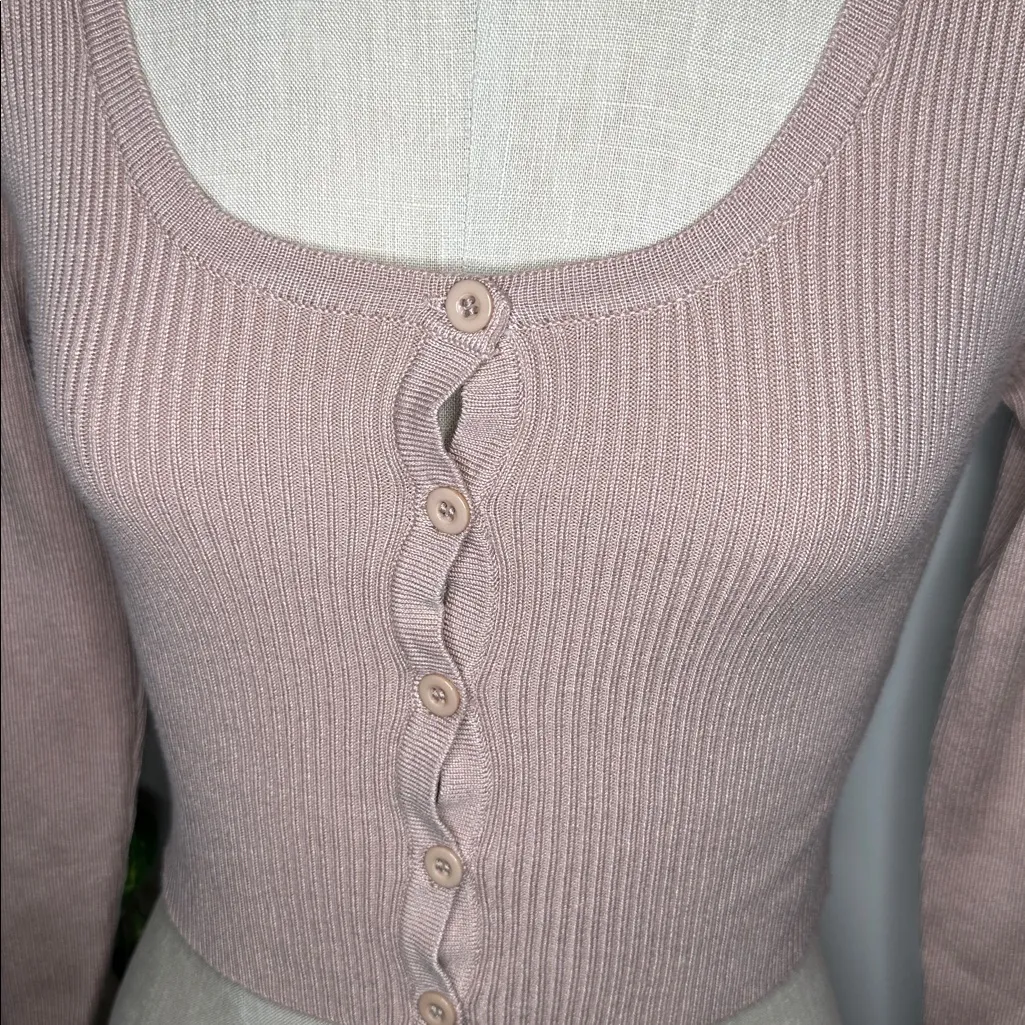 iris Beige Button Down Long Sleeve Ribbed Top - Image 3