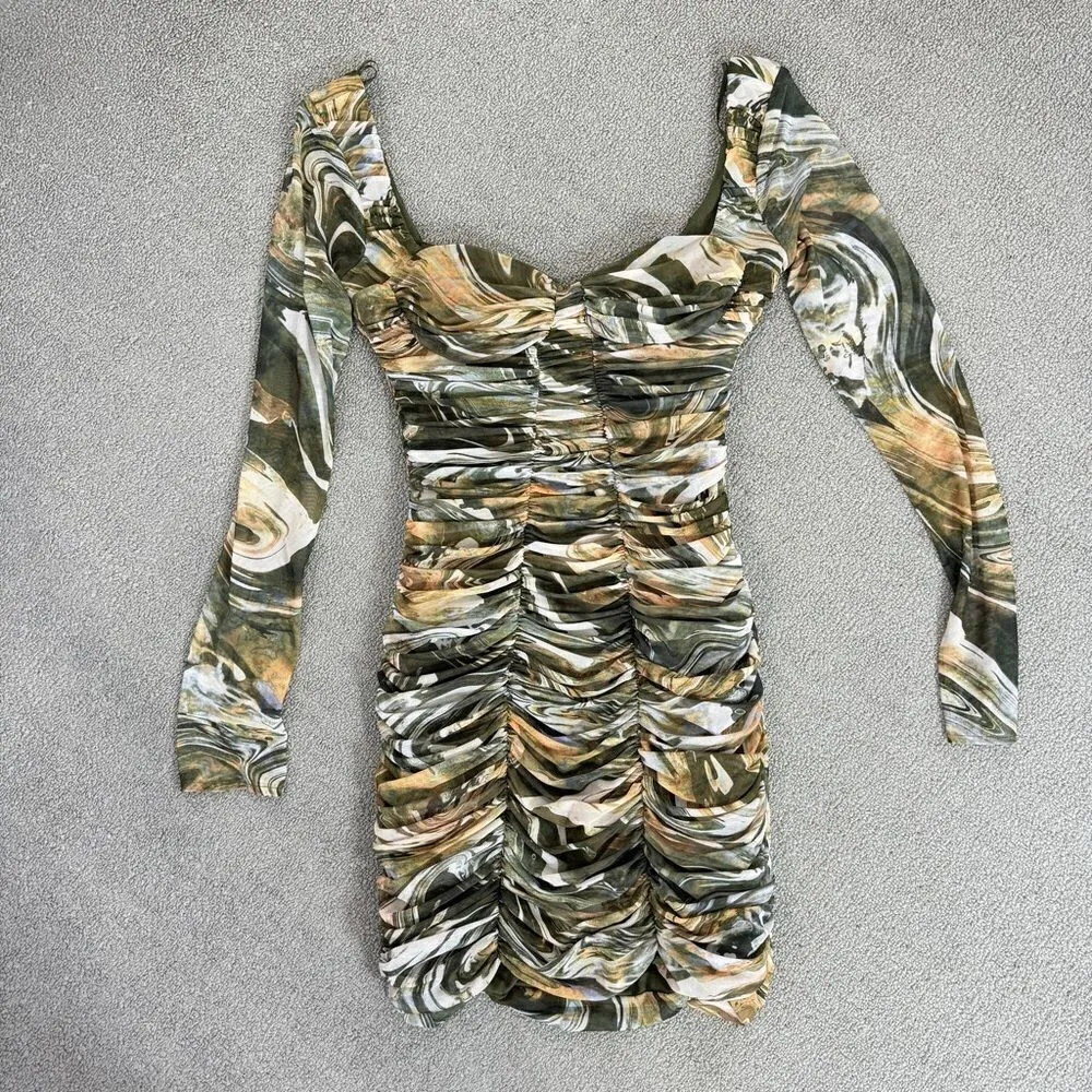 Zara Sheath Dress Marbled Ruched Draped Tulle Mini Khaki Green Orange Small - Image 16