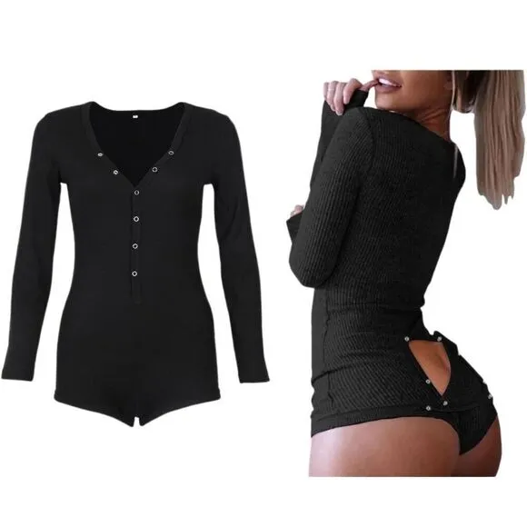 NEW Shorts Long Sleeve Knitted 1 Pc Bodysuit l Pajama Romper M Black Size M - Image 2