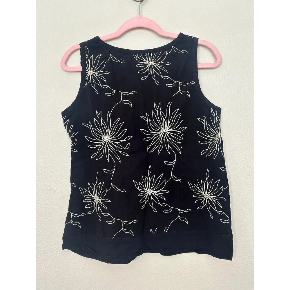 Large Adventura Clothing Linen Cotton Embroiderd Floral Tank Top Blouse Womens Black - Image 9