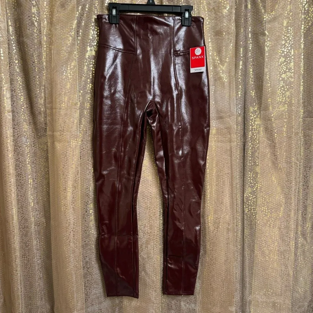 Spanx Faux Patent Leather Liquid Ruby Maroon Leggings Small Petite NWT - Image 4