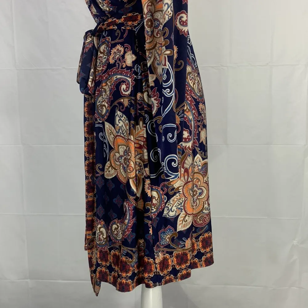 Venus Long Sleeve Paisley Navy Blue Faux Wrap Midi Dress Size Small - Image 7