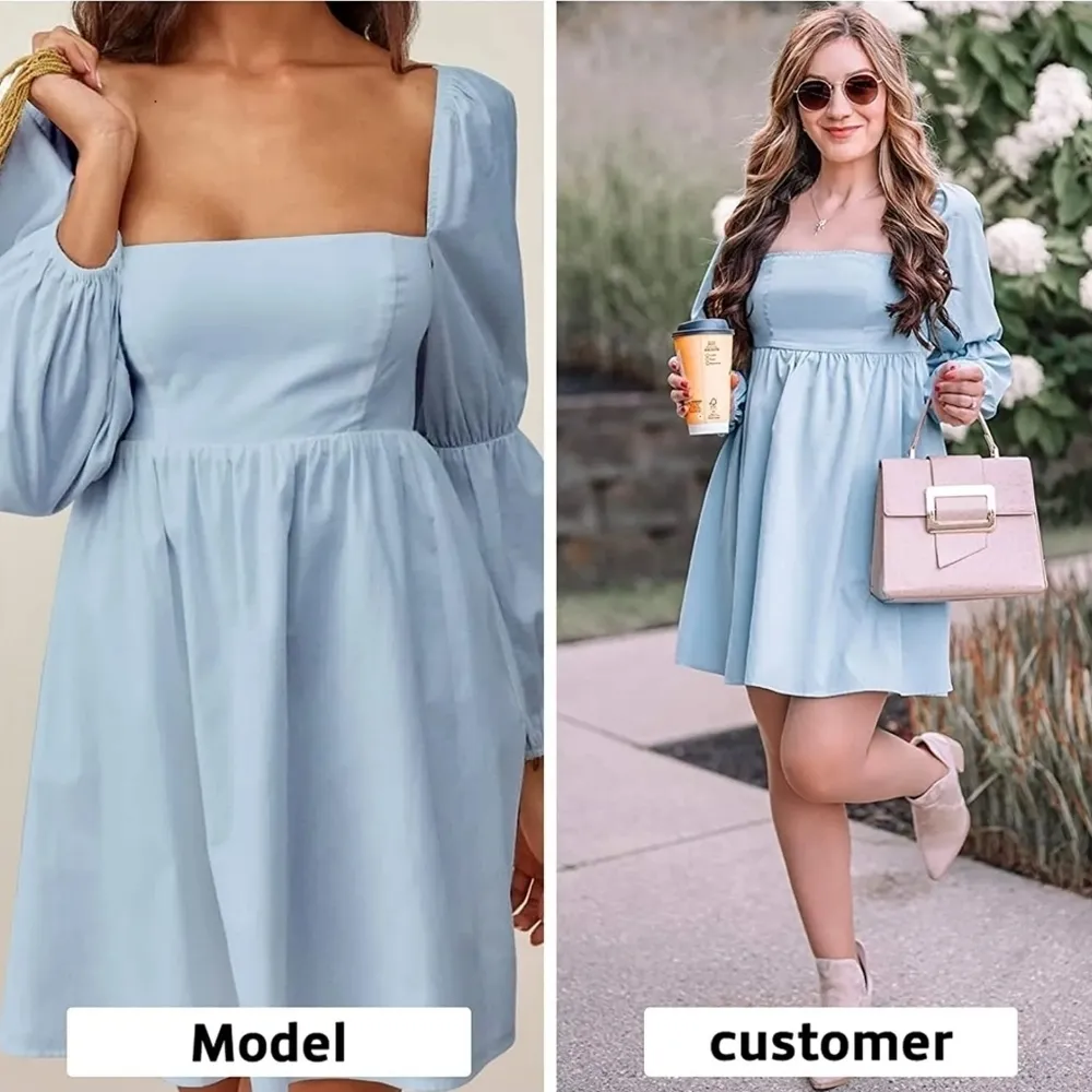 Exlura Womens Square Neck Dress Long Puff Sleeve A-Line Casual Short Mini Dress - Image 3