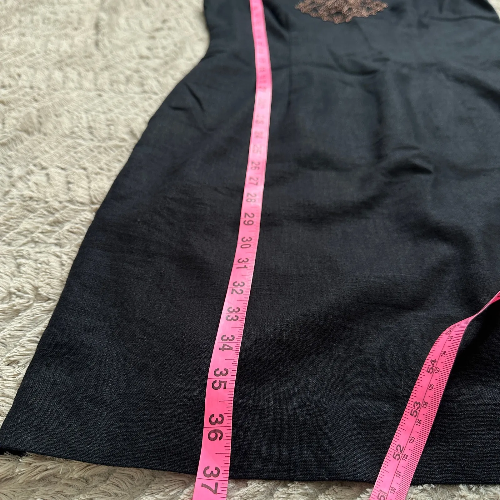 Vintage 60s 70s Mod Beaded Black Linen Cocktail Party Sheath Mini Dress Gold Size M - Image 7