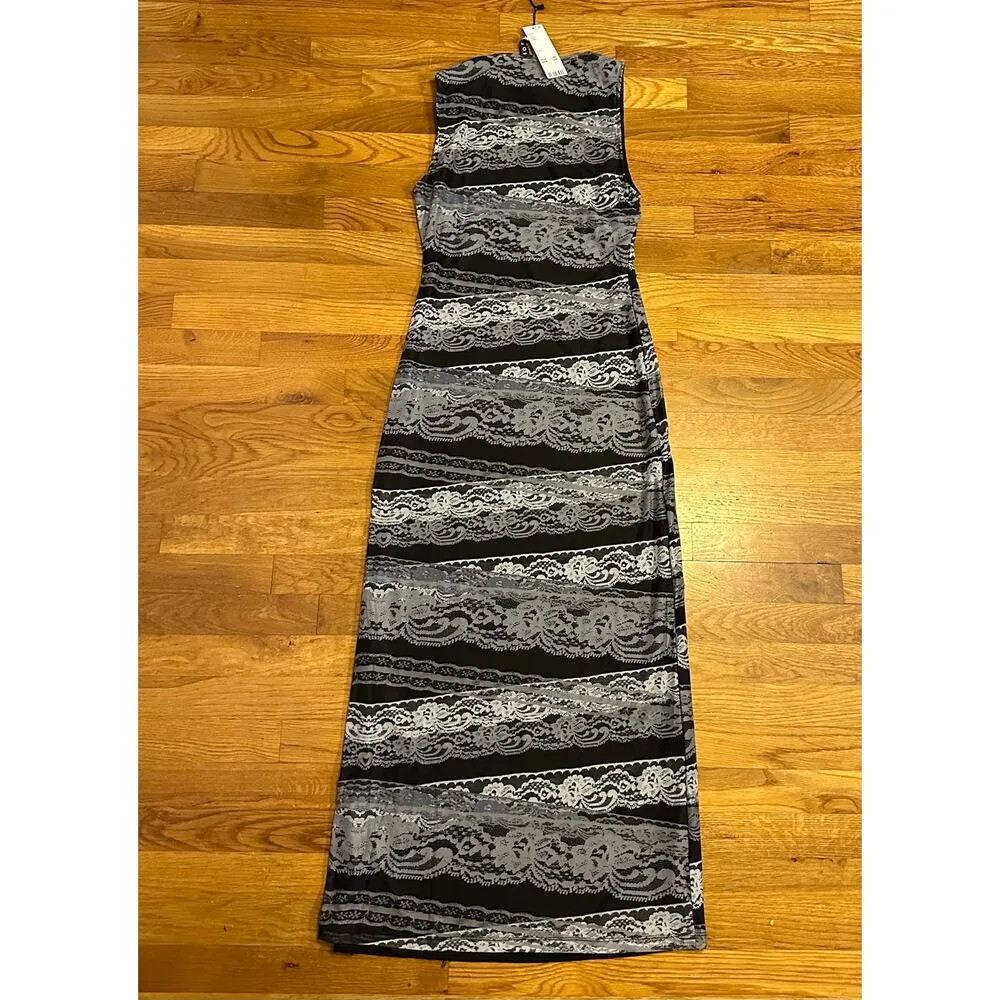 Motel Fayola Womens Large Black Gray Lace Mesh Bodycon Maxi Dress Black Gray - Image 5