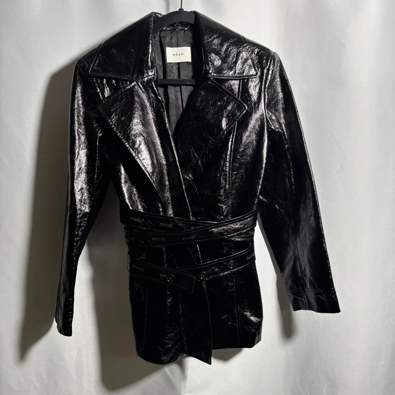 $980 ROARI Kennedy Trench Black Glazed Cow Leather Womens S Belted NYC USA Made - Image 2