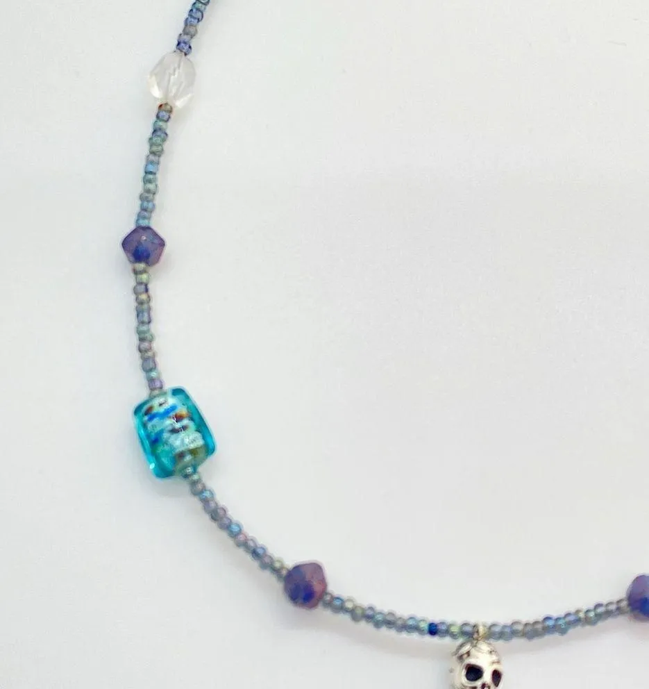 Silver Skull Pendant on Blue Shades Glass Beaded Necklace - Image 4