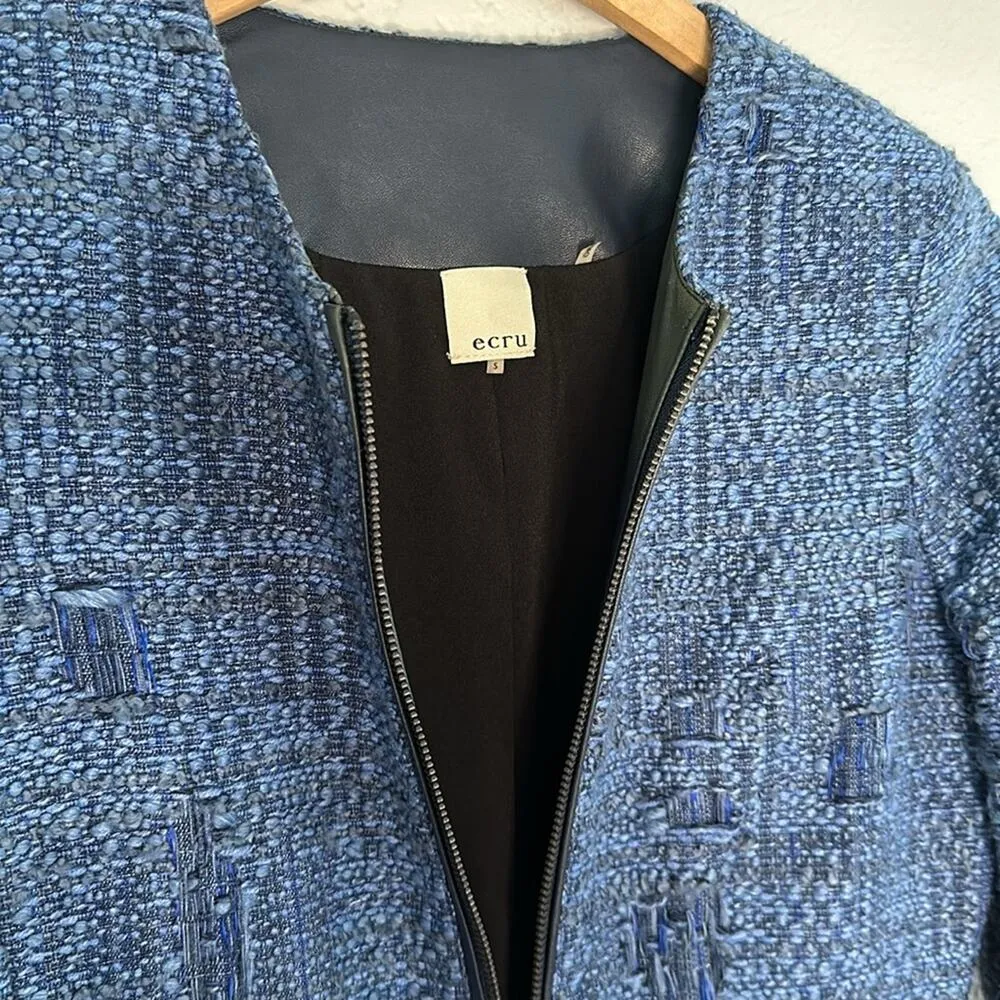 Blue Black Tweed Leather Moto Jacket Blazer Full Zip $395 Mobwife Office Preppy - Image 3