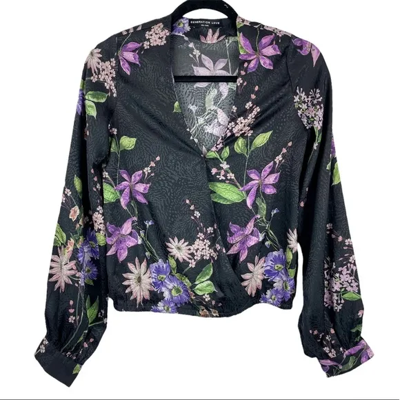 Revolve Generation Love Black Floral Silk Wrap Top Long Sleeve Sz Small - Image 1