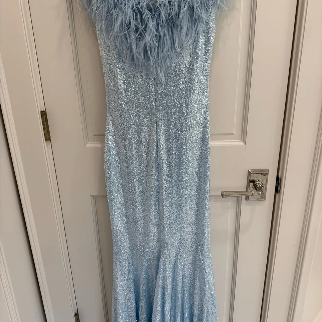 Jovani light Blue Sequin Gown with Feather Trim - Image 4
