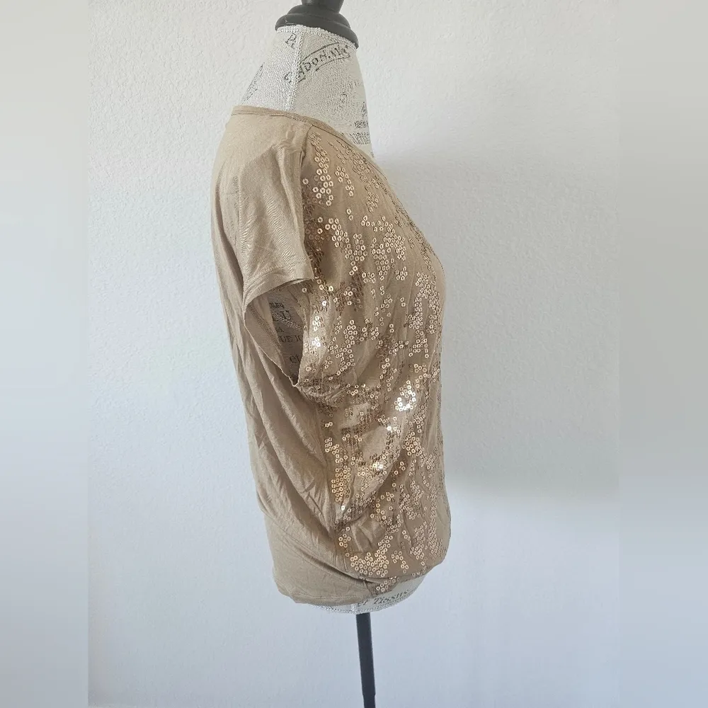 Michael Kors  Gold Metallic Sequin Dolman Cap Short Sleeve Stretch Shirt L - Image 3