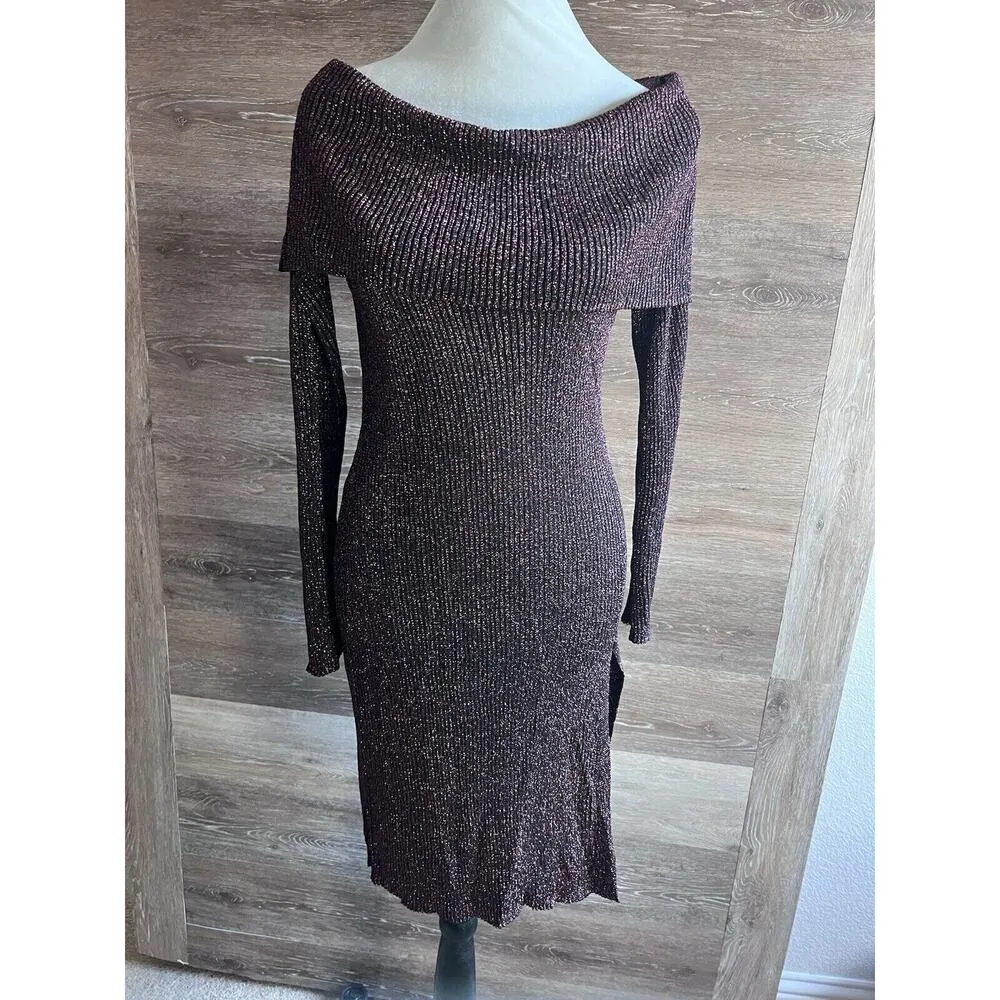 BCBG MAX AZRIA LAURIE OFF THE SHOULDER SWEATER DRESS LARGE METALLIC BURGUNDY - Image 9