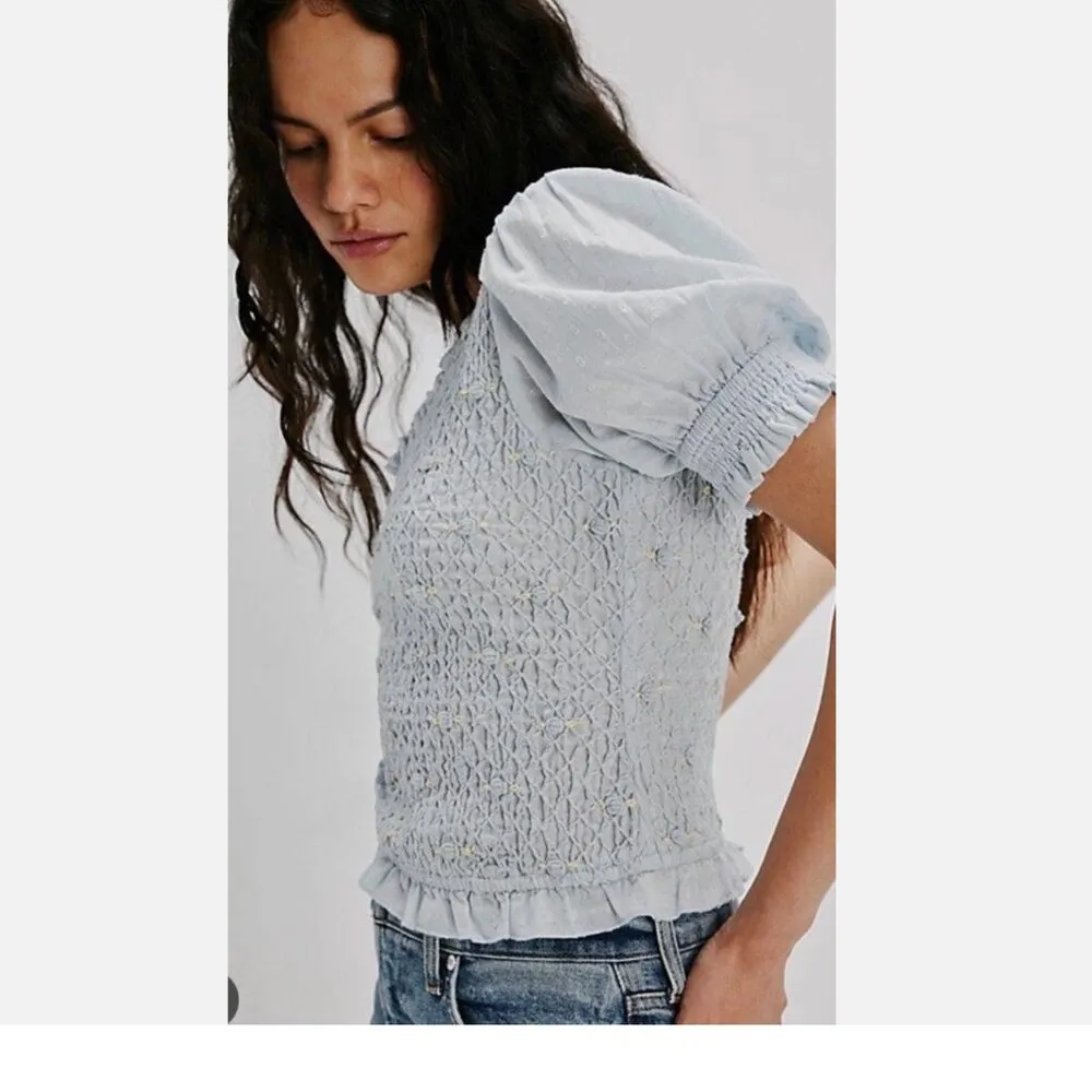 NEW Free People Cecelia Puff Sleeve Smocked embroidered Rosette Cute Top L - Image 3
