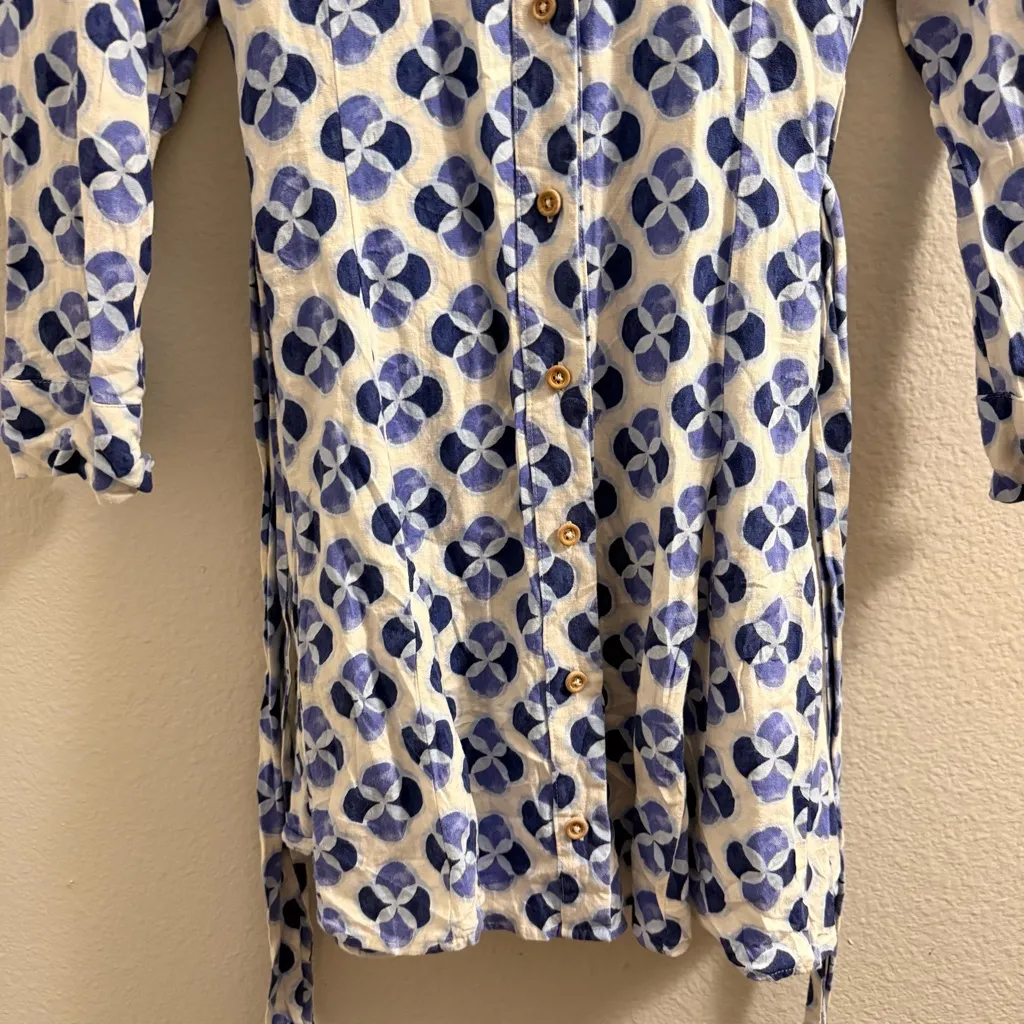 ZARA Linen Blend Printed Tie Waist Mini Dress Blue Womens Size Small Coastal - Image 6