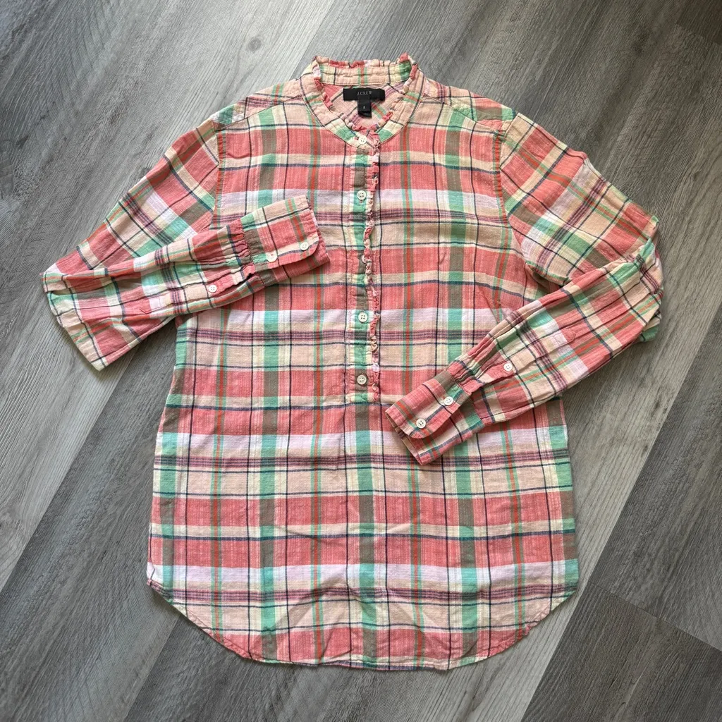 J.Crew Plaid Ruffle Half Button Down Popover Top 2 - Image 2