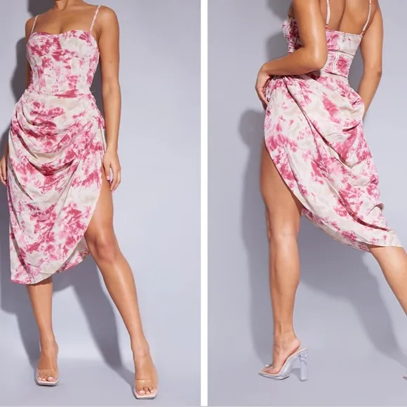 NWT PRETTY LITTLE THING pink fuschia tie dye ruched asymmetrical midi skirt XS - Image 2