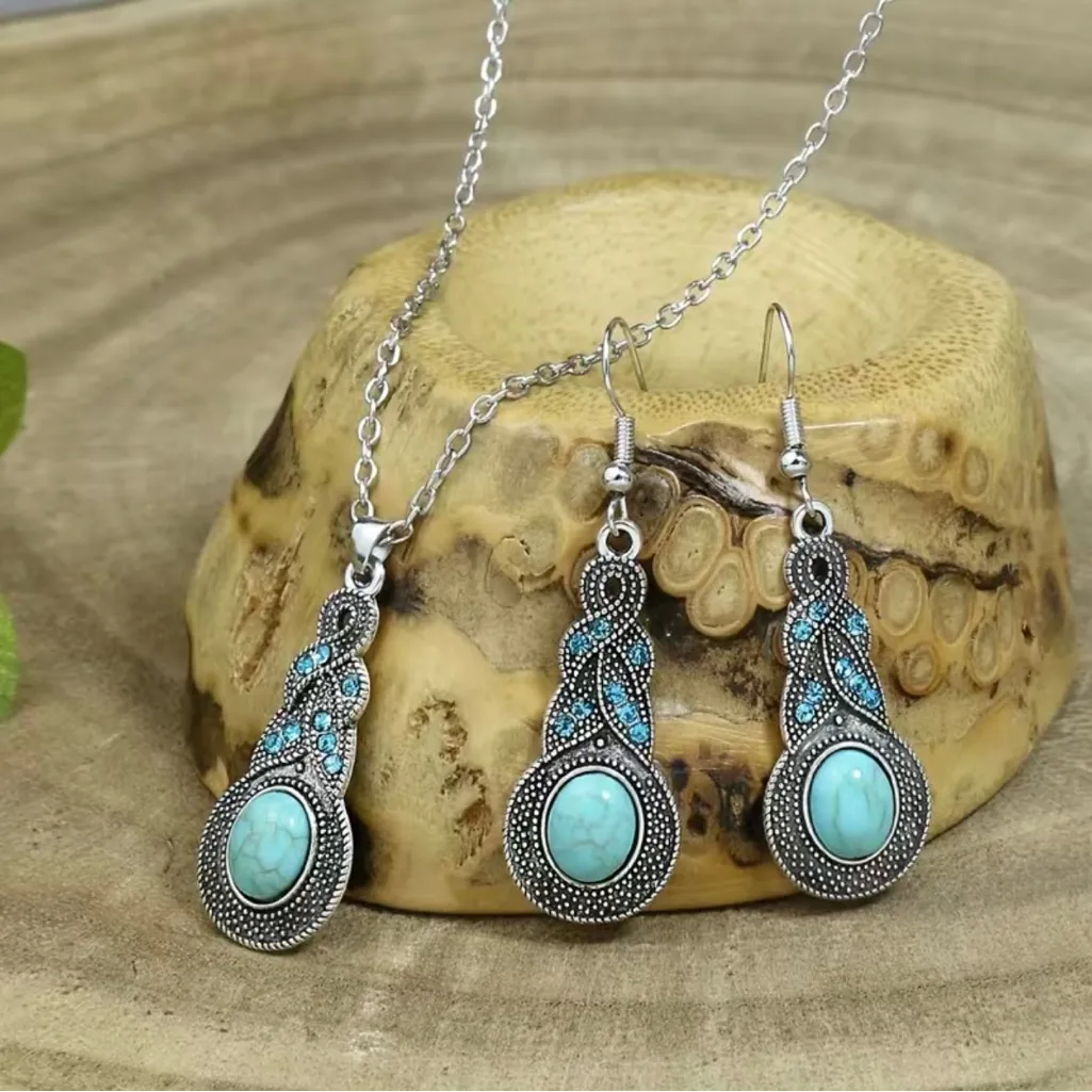 Bohemian turquoise Inlaid necklace & earrings set faux fashion jewelry‎ - Image 3