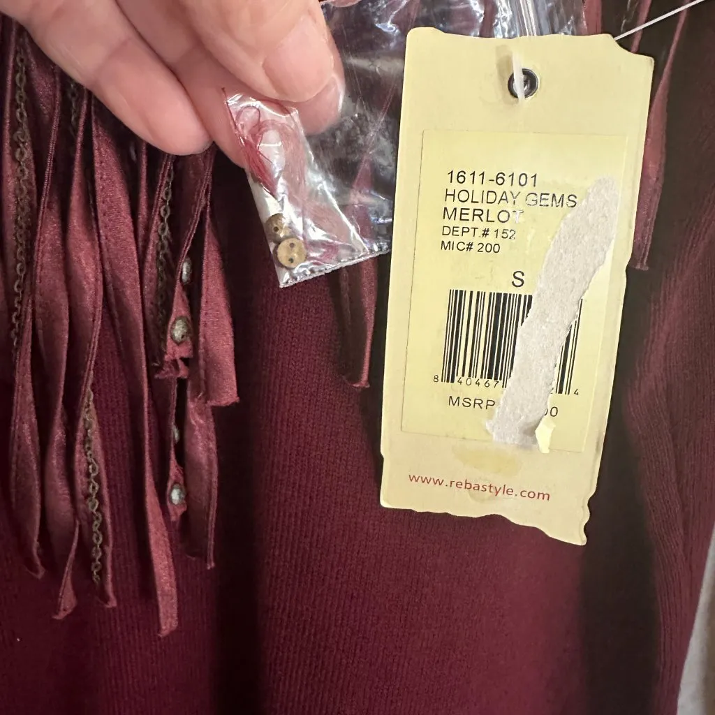 Reba Holiday Gems Merlot Sweater Small Tassel Keyhole‎ Front Studded NWT - Image 5