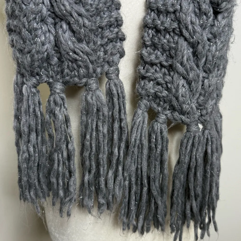 Chunky Cable Knit Long Gray Scarf W/ Fringe Trim Silver Metallic Thread 90” long - Image 3