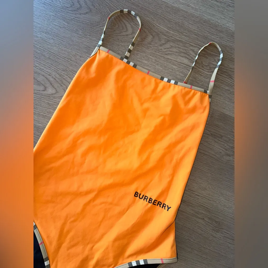 Burberry Icon Stripe Trim One Piece Women’s Bright Orange Swimsuit Size Small - Image 4