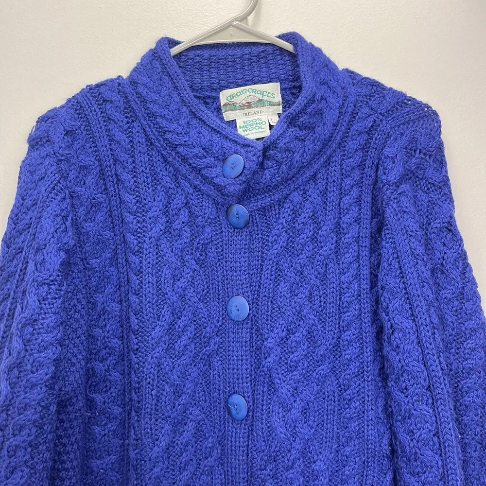 Aran Crafts Blue Merino Wool Button Front Cardigan‎ Sweater Size LARGE - Image 3