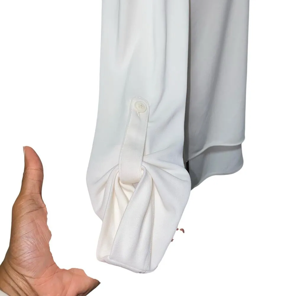 Blyse White Asymmetric Layered Hem Roll Tab Long Sleeve Split Neck Blouse Medium - Image 3