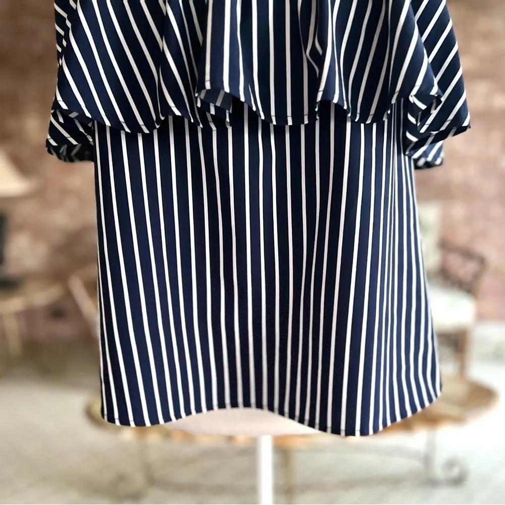 Sherosa Top Off the Shoulder Striped Flounce Blue M Boho Chic Party Nautical Mod Size M - Image 6