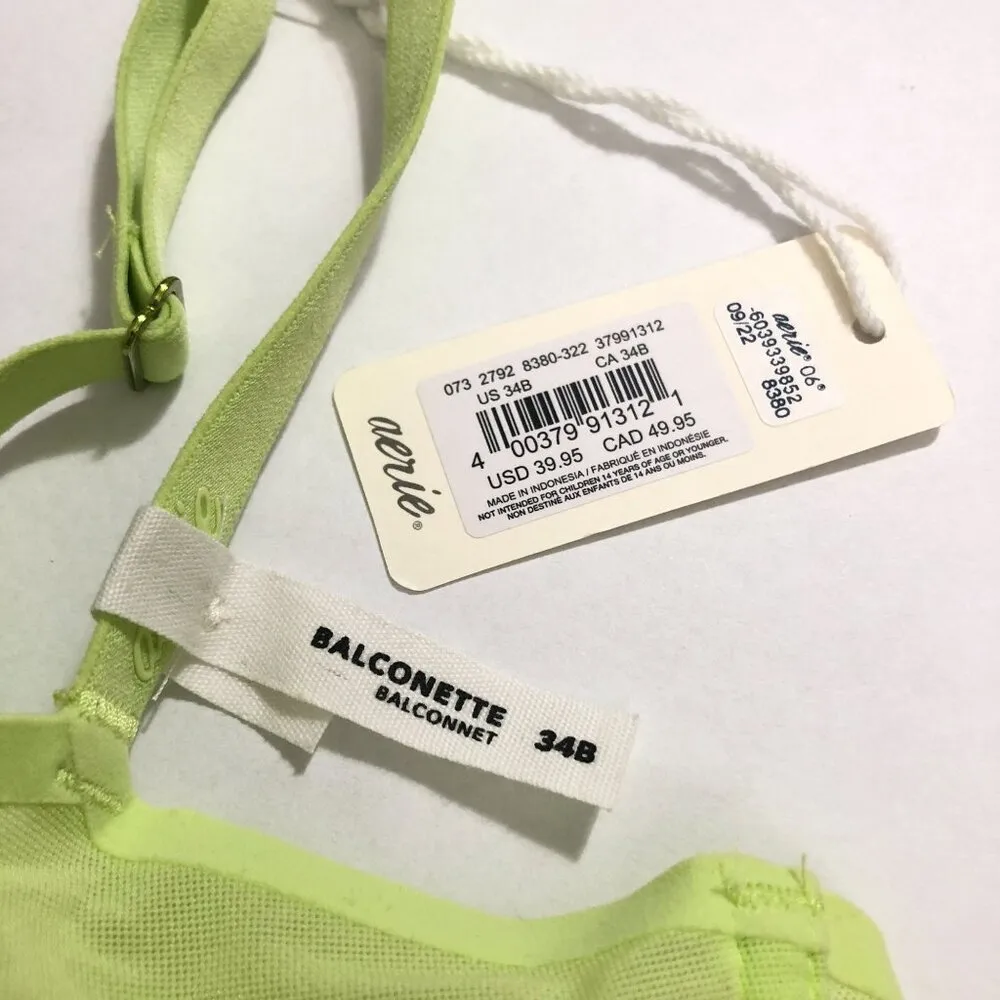 Smoothez by Aerie Bra Balconette Sheer Mesh Unlined Underwire Neon Yellow 34B - Image 3