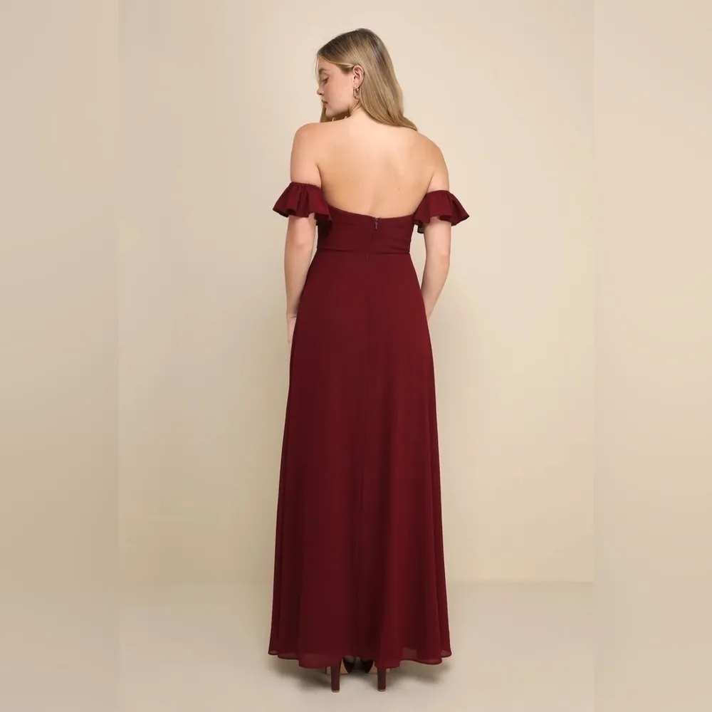 Lulu’s Absolute Romance Burgundy Off-the-Shoulder Maxi Dress Bridesmaid Formal - Image 6