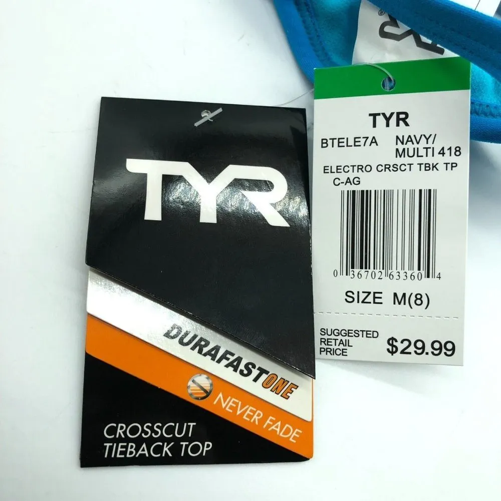 TYR Workout Bikini Electro Crosscut Tieback Top Strappy Blue Pink M (8) - Image 4