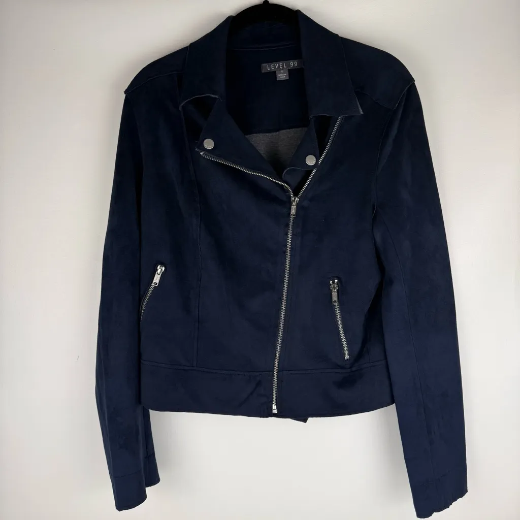 LEVEL 99 Navy Faux Suede Moto Jacket Size Small Blue - Image 2