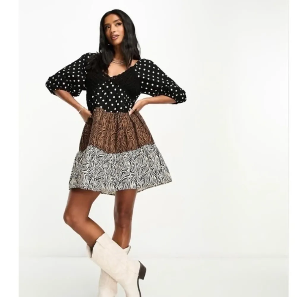 ASOS Crochet Tiered Babydoll Mini Dress In Animal Print Milkmaid - Image 2