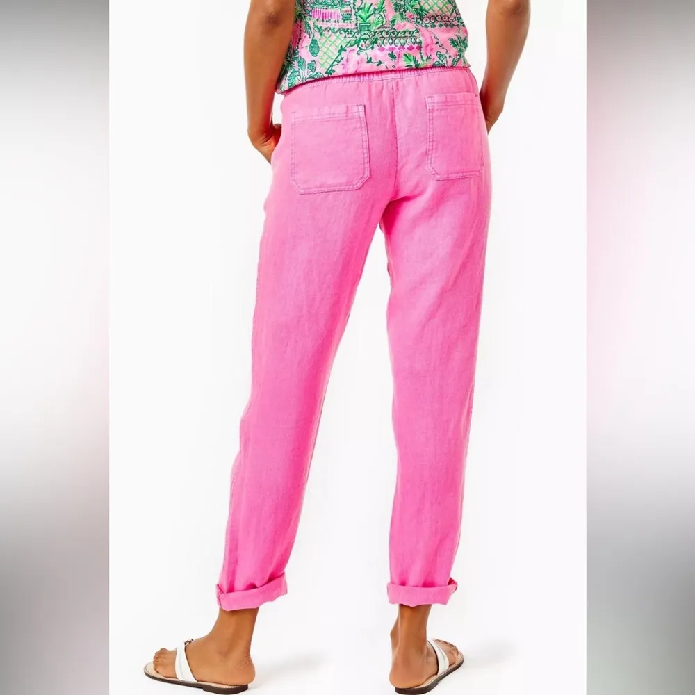 Women's Lilly Pulitzer Taron Sz Small Pink Isle Linen Pants - Image 3