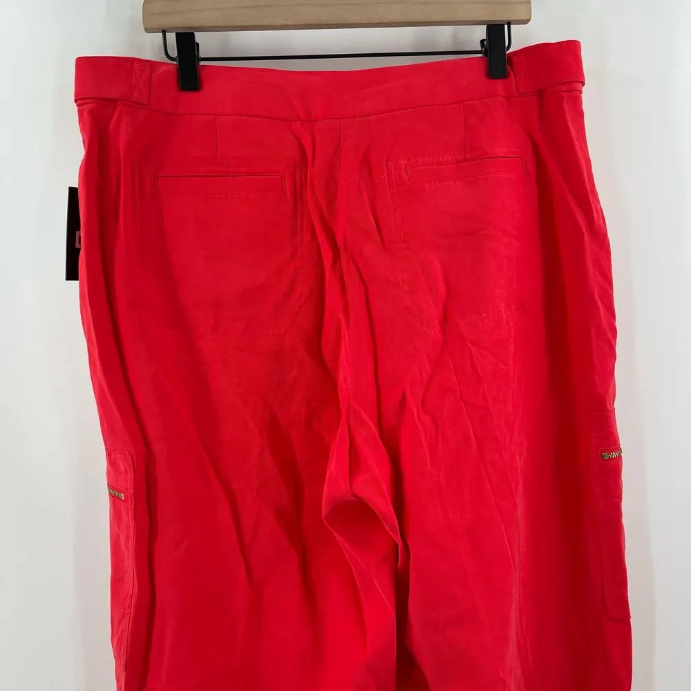 DKNY Pants SZ 16 Flame Red Gold Zippers NWT Cargo Straight Wide Leg Twill Office - Image 10