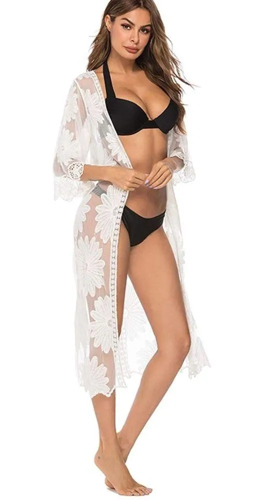 POL OS Clothing Kimono Ivory Lace Open Front Swimwear Boho Chic Embroidered - Image 3