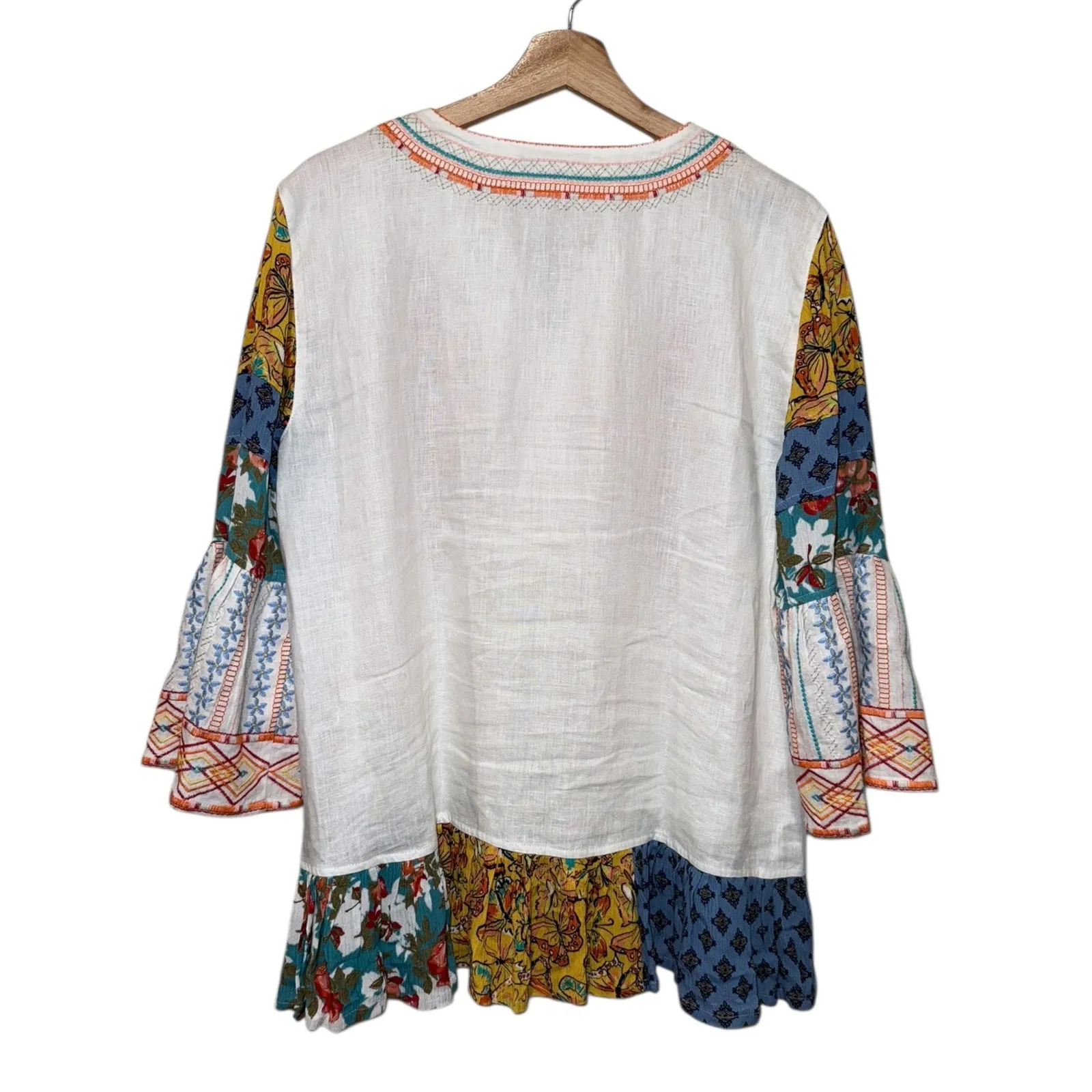 John Mark  Floral Embroidered Patchwork Linen Top XL Boho Colorful Artsy - Image 2