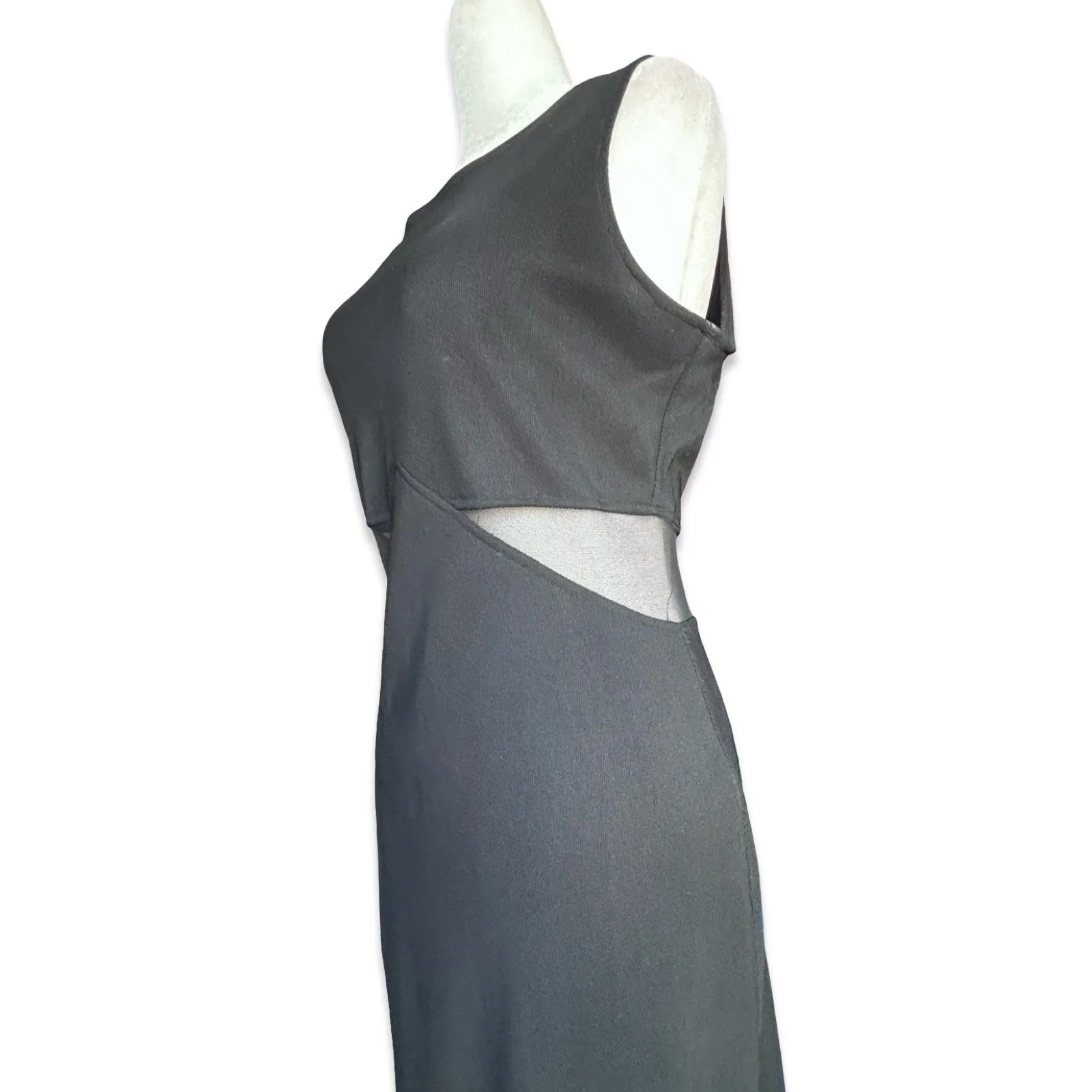 Vintage Black Mesh Cutout Maxi Dress Sleeveless Bodycon Column Gown Minimal 6 - Image 5