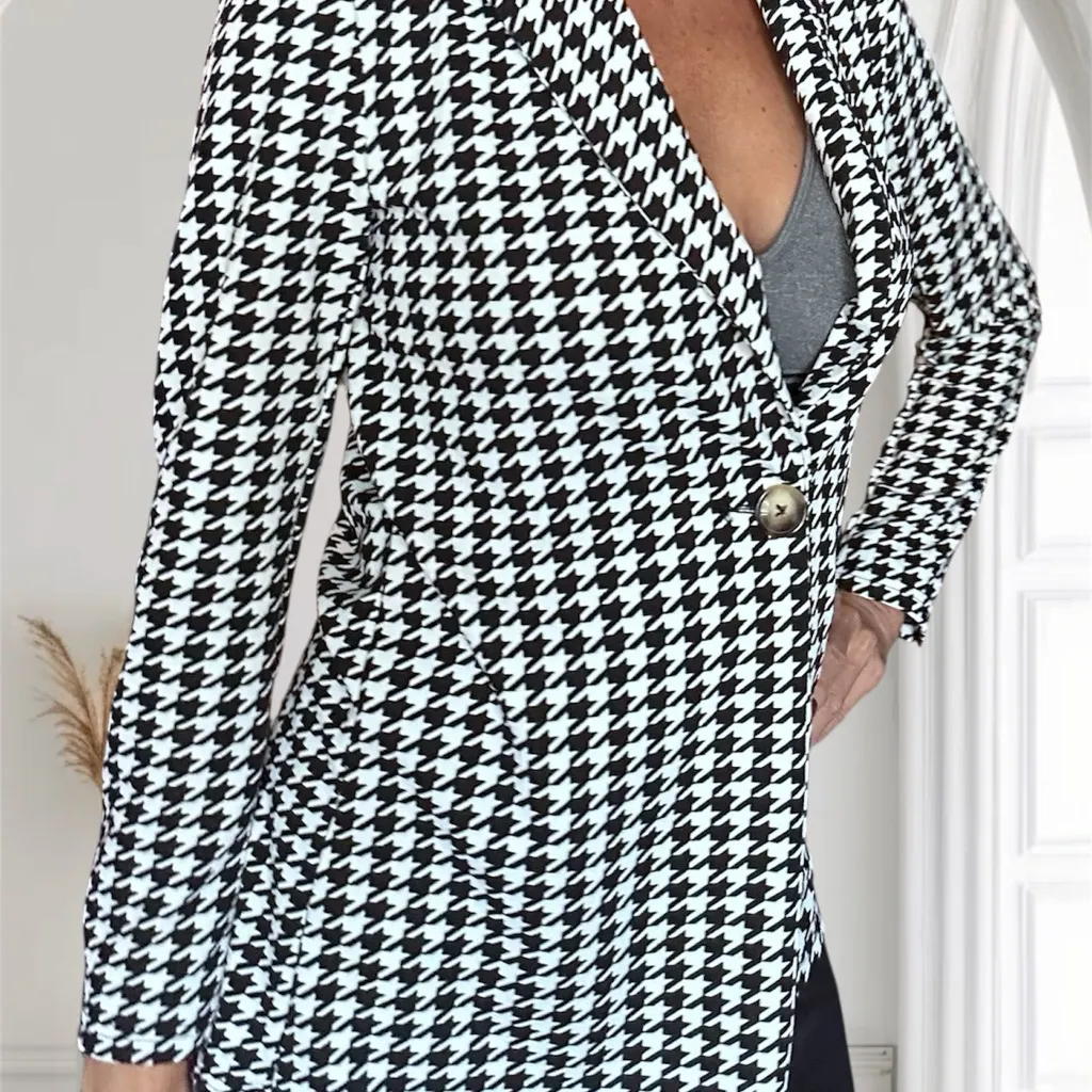 SheIn W5.  Houndstooth Lapel Collar Single-Button Blazer Casual Chic Jacket, XS - Image 3